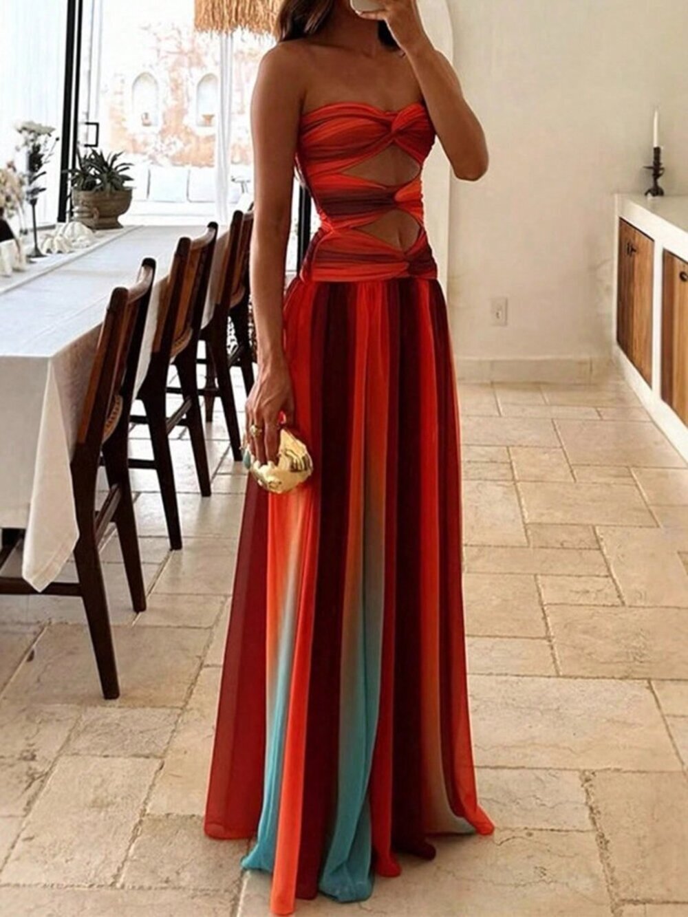 Orange Tie Dye Women's Strapless Hollow Out Off-Shoulder Maxi Dress